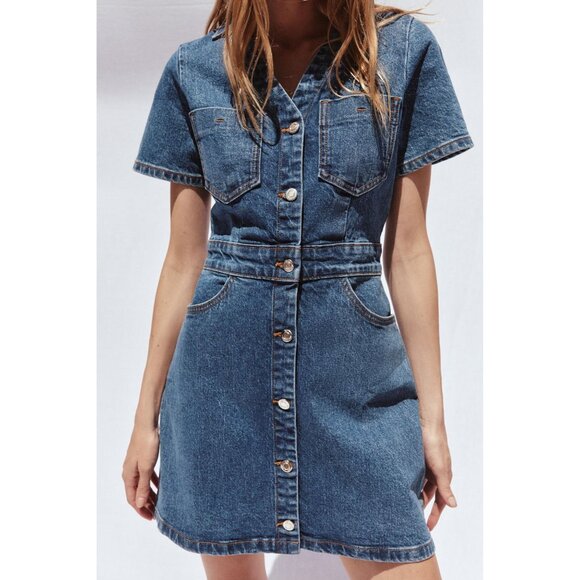 Zara Dresses & Skirts - Size LARGE Zara Blue Denim Short Sleeve Button Front Mini Dress